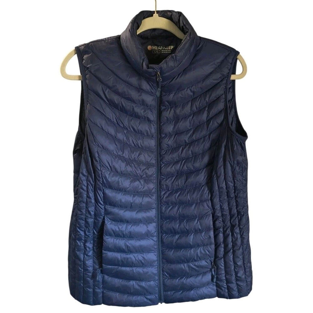 Heatkeep Down Feather Puffer Vest Women's Large Full Zip Packable Navy Blue